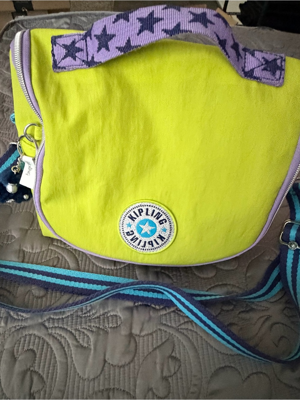 Kipling Kids Neon Lime Crossbody Bag with Purple Stars